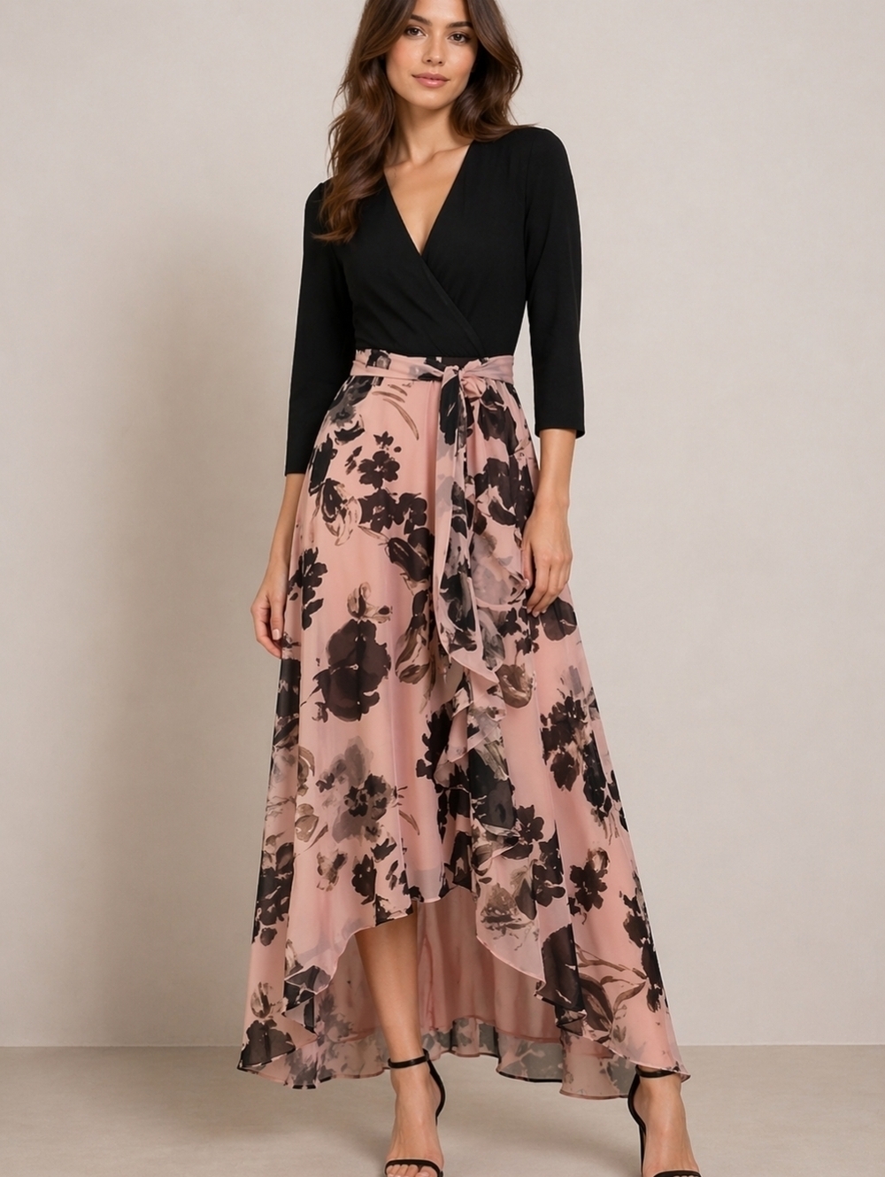 VTG CHETTA B Fairycore Ruffle Surplice Floral Pink Chiffon High-Low Midi Dress